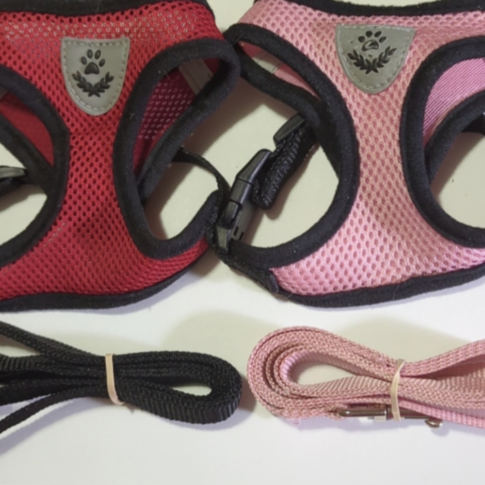 🐈🐱Reflective Air Mesh Dog Harnesses & Leash Small 2 Sets Pink & Red